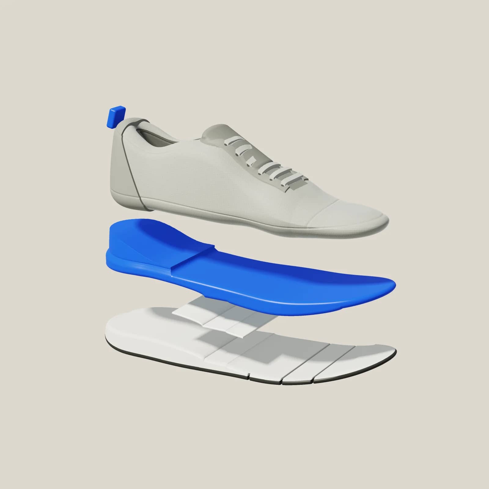A-01 Drift in Alloy/Cobalt pulled apart into its layers: knit upper, Cobalt DualArc layer, thin plate and the carrier with outsole.