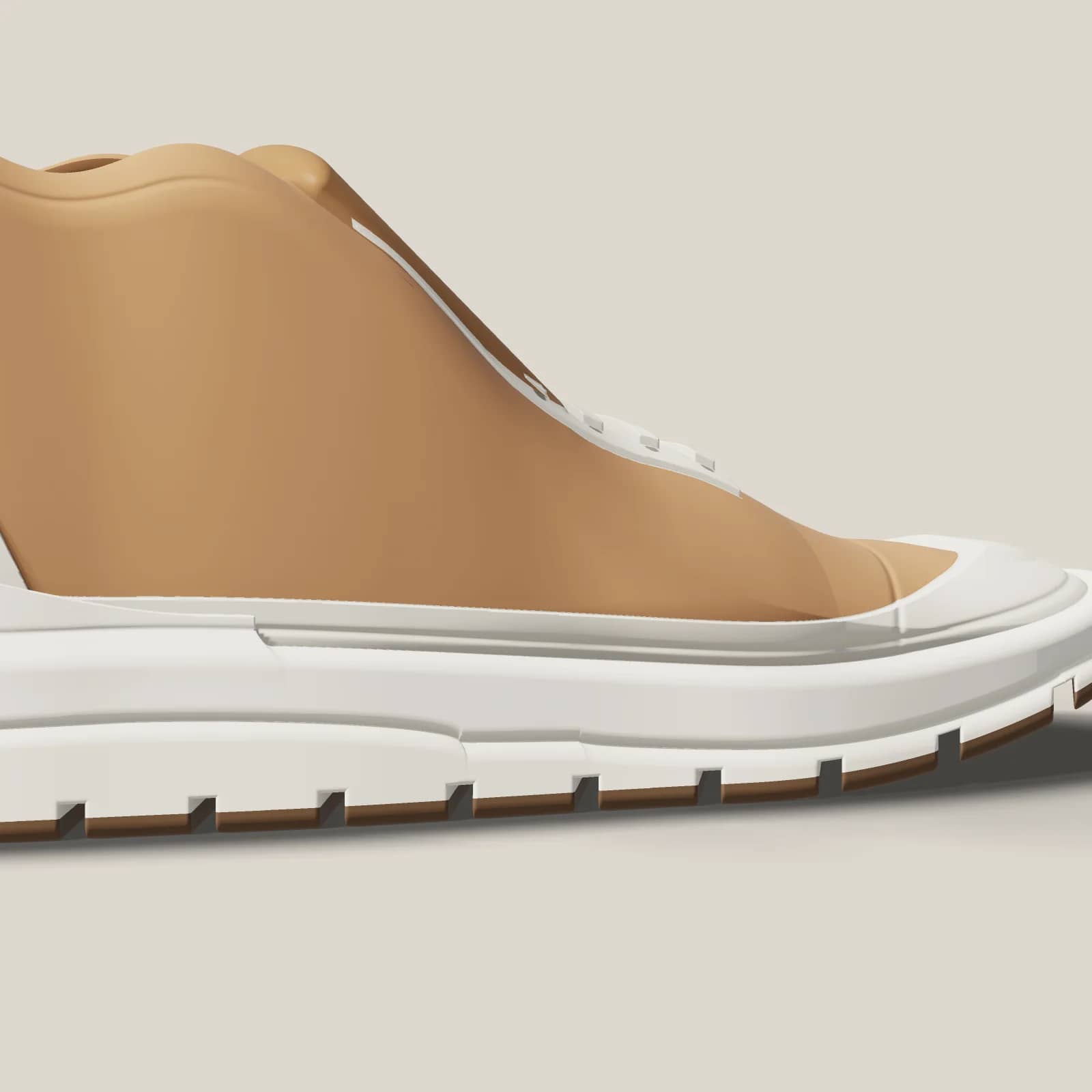 F-03 Verge in Clay/Bone, a mid-height shoe with a smooth upper and a lugged sole, standing on a warm grey stage.