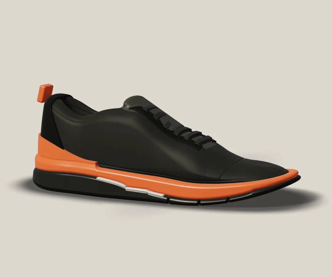 A-01 Drift in Carbon/Ember on a warm grey stage: a black knit upper over an ember foam layer that rises into a heel cradle.